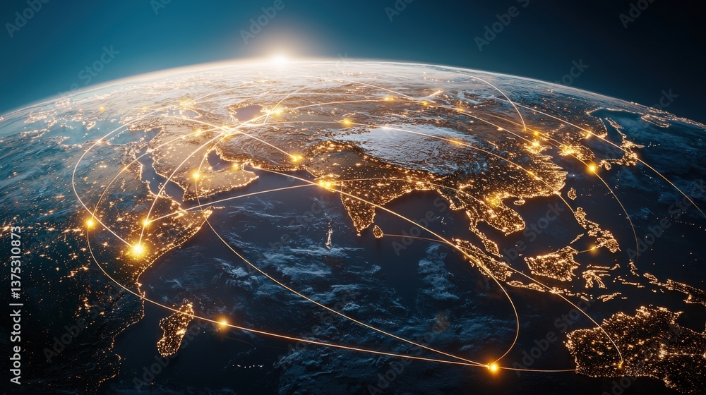 Aufkleber global digital connectivity and networking world map infographic space aerial view technology future