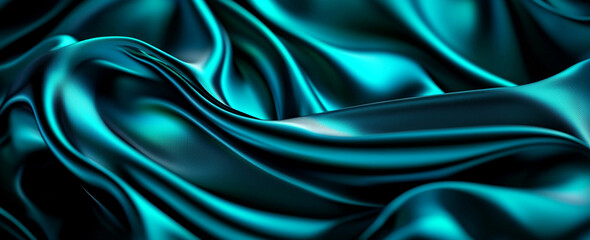 Obraz premium Sleek teal satin fabric with elegant folds and smooth texture, creating luxurious and vibrant appearance. Perfect for fashion and interior design projects