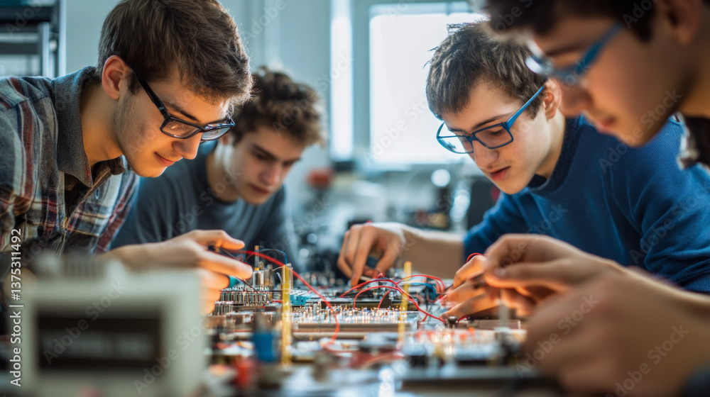 Poster a group of young engineers intensely studies circuit diagrams while assembling electronic components