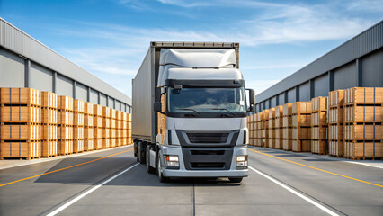 Naklejka premium Freight Truck Driving Through Warehouse With Stacked Wooden Pallets