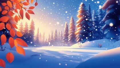 Naklejka premium Winter Wonderland Sunrise Scene