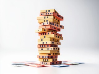 budget opportunity expansion real-estate growth concept. Stack of colorful blocks resembling a tower game in a minimalistic setting.