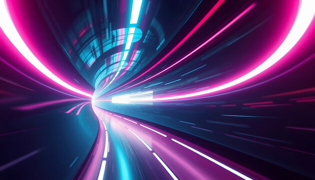 Abstract flight in retro neon hyper warp space in the tunnel 3d illustration , with white tonespng
