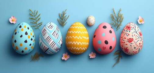 Colorful decorated Easter eggs on blue background with floral and abstract patterns, top view