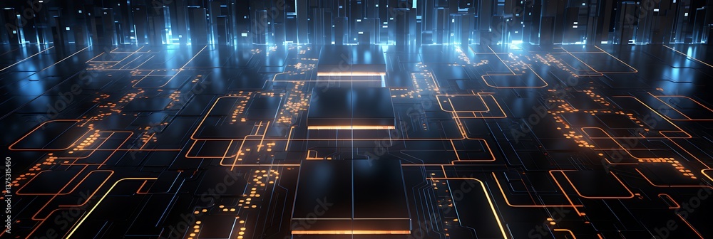 Poster digital landscape: a mesmerizing digital landscape with illuminated circuits and glowing lines sugge