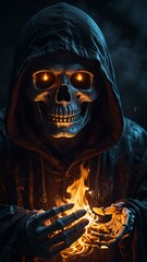 A hooded skeleton conjures flames from a molten skull, hands glowing with mystical energy.  
