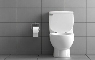 Open Toilet Bowl and Toilet Paper on Wall in Gray Bathroom