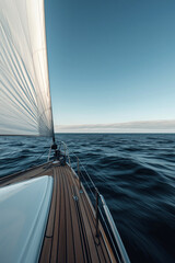 Obraz premium Sailing yacht cruising on open sea during calm weather, deck view perspective