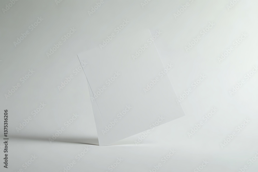 Poster clean white paper sheets standing angled on soft lit backdrop minimal mockup
