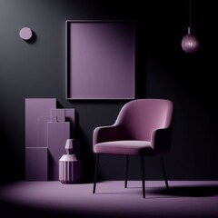 Modern interior with purple armchair, empty frame, geometric decor and pendant lamp in dark room. Minimalist furniture design concept