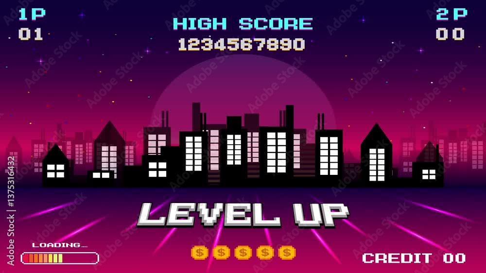 Poster level up. press start button. pixel art .8 bit game for game assets in vector illustrations. retro f