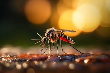 Unveiling the Mosquito: a meticulously detailed image reveals a mosquito perched, showcasing intricate features against a blurred, natural bokeh background.