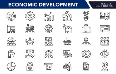 Business Economic Development line icon set. Entrepreneurship, containing business, economic stimulus, trade expansion, sustainable Development,  outline icon collection. UI thin outline icon pack