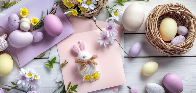 Flat lay of handmade Easter cards with pastel eggs, spring flowers and cute decorative bunny