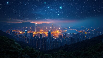 Obraz premium Night Hong Kong Skyline under a Starry Sky