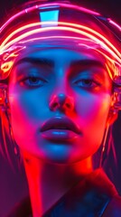 Fototapeta premium Futuristic woman with glowing neon visor in blue and pink lights