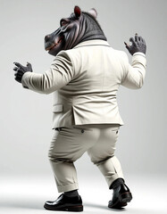 A hippopotamus dancer dances in a white costume on a white background