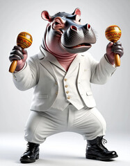 A hippopotamus dancer with maracas in his paws dances in a white costume on a white background