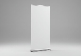 A blank white retractable banner stand on a gray background in a studio setting for presentations transparent background
