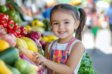 Little girl choosing fresh vegetables at farmers market