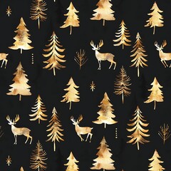 Golden Forest Pattern: An artistic and enchanting pattern featuring golden trees and deer on a dark background. Evoking a sense of elegance, festivity, and wilderness.
