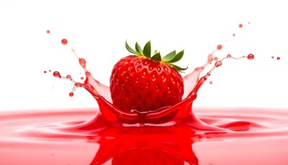A vibrant, high-resolution studio shot captures a single, ripe strawberry as it makes a splash into a pool of red liquid, likely juice or water