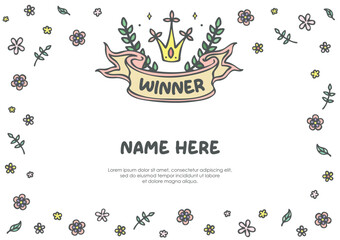 Kids children girl  winner champion certificate background with ribbon banner and floral flower frame border for competition event print template layout design