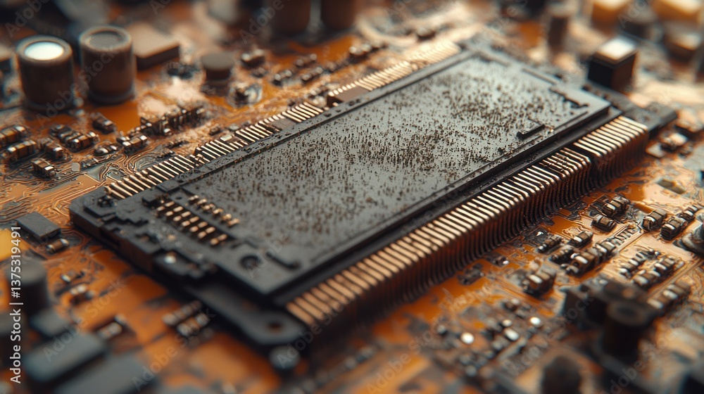 Poster dusty circuit board close-up: a macro view of electronic components
