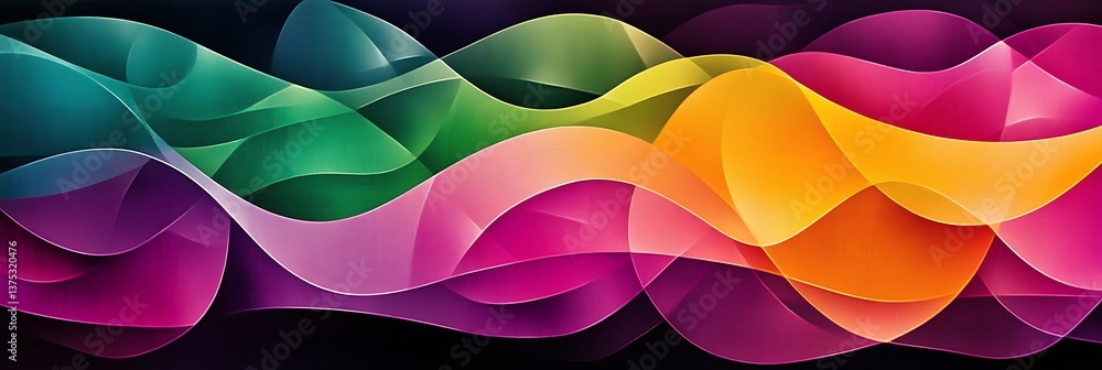 Poster chromatic symphony: vibrant, layered, and flowing waves of color ripple across a darkened canvas, cr