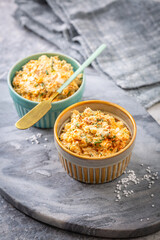 Homemade tuna and egg spread with cottage cheese and chives