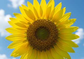 A vibrant sunflower basking in summer's golden sunlight against a bright blue sky with fluffy white clouds.