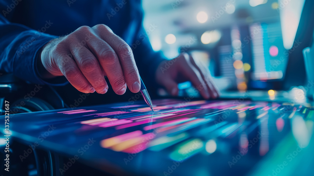 Poster digital creation: hand using pen on a luminous interactive screen for modern art. print for technolo