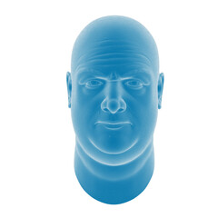 Blue-tinted 3D-rendered male head sculpture.