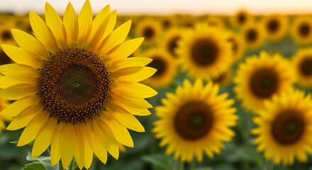 Obraz premium A vibrant sunflower field basking in golden sunlight, a symbol of summer's warmth and joyful energy, with a soft focus on surrounding blooms.