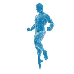 Blue 3D model of a male human figure in motion.