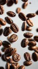 Fototapeta premium Ultra-high-definition photorealistic image of floating roasted coffee beans. Each bean displays fine grooves, textures, and rich brown hues.