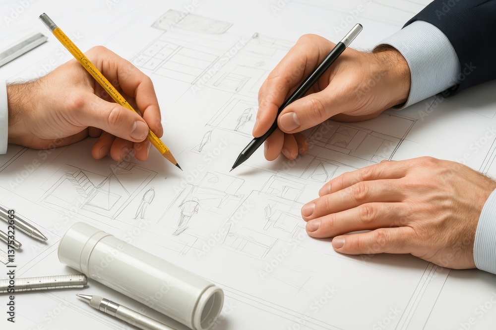 Poster two hands sketch architectural plans, showcasing creativity and collaboration in design work with va