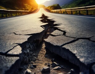 close-up of a cracked road caused by earthquake