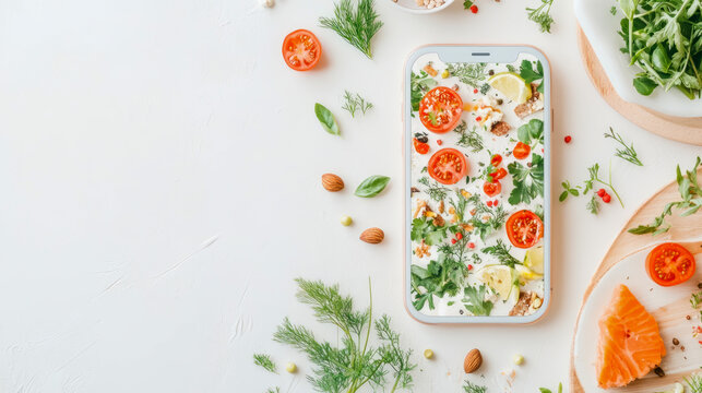 Food Smartphone Concept: A culinary arrangement on a screen, showcasing ingredients for a fresh, healthy meal for a cooking tutorial or advertisement