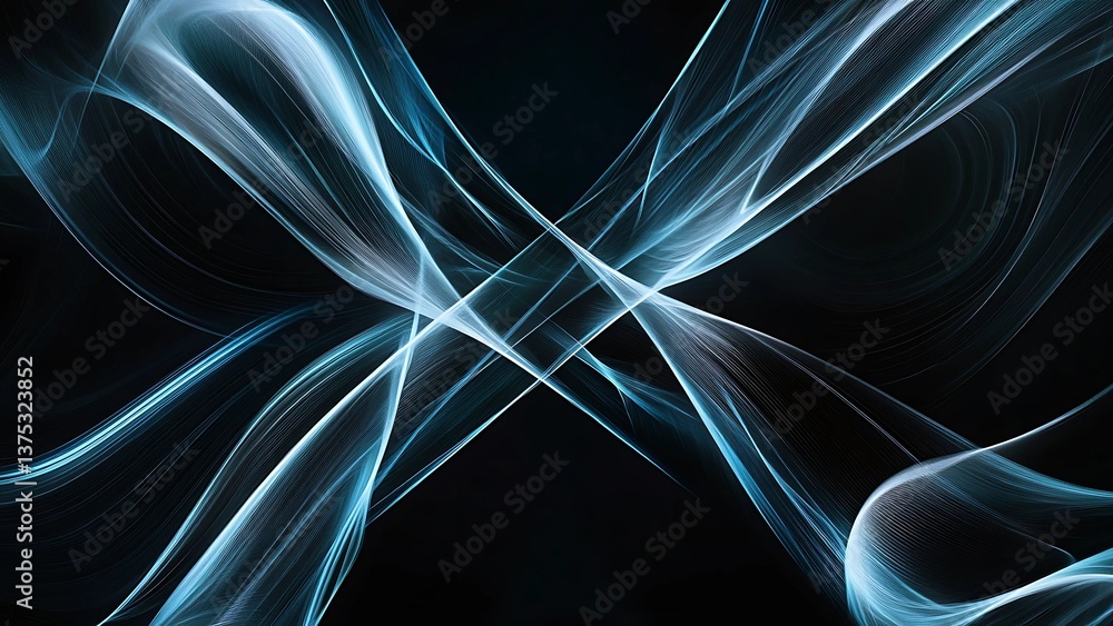 Poster dynamic abstract flowing lines in light blue and white over a dark background creating motion and el