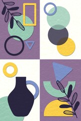 Wall art geometric design with illustrations of tropical plants and flower vases ideal for wall prints and home decoration