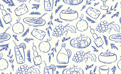 Hand drawn italian food seamless pattern. Chalk crayon sketch dish with pizza, cheese, pasta, olives, bottle wine, italy ingredients for menu in doodle style. Vector illustration.
