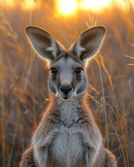 Fototapeta premium Kangaroo facing forward with golden sunset behind tall grass.