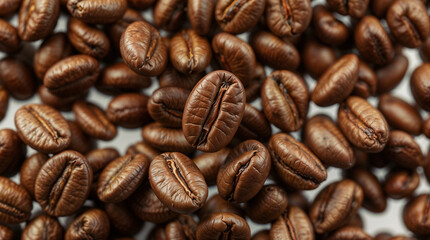 Fototapeta premium Photorealistic image, ultra-high-definition, of floating roasted coffee beans. Each bean displays detailed grooves, textures, and rich brown tones. Beans are arranged dynamically, with soft lighting