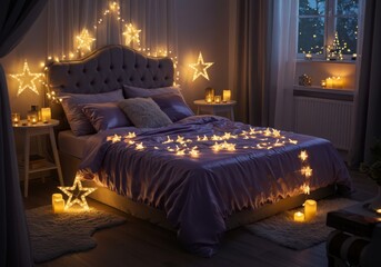 Bedroom illuminated with star lights and candles creating a cozy and romantic atmosphere at night transparent background