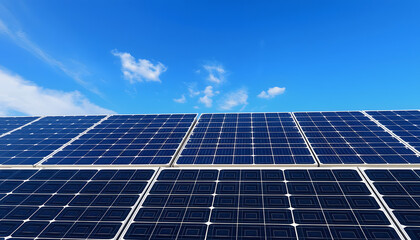 A row of solar photovoltaic panels under a blue sky , with white tonespng