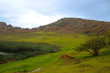 At the crater rim of the Rano Raraku Mountain, Easter Island  