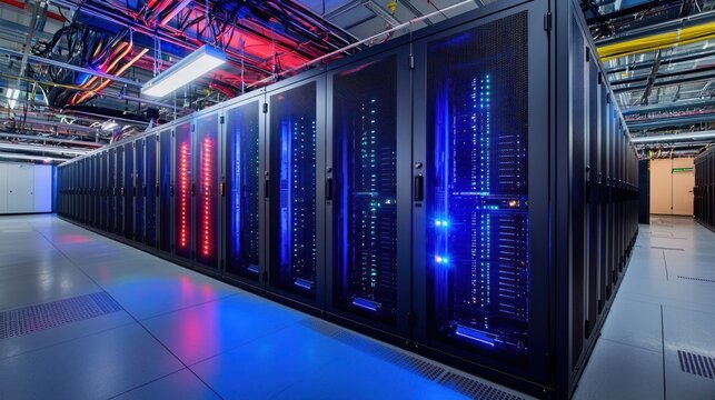 A data center with lines of code displayed on server racks.