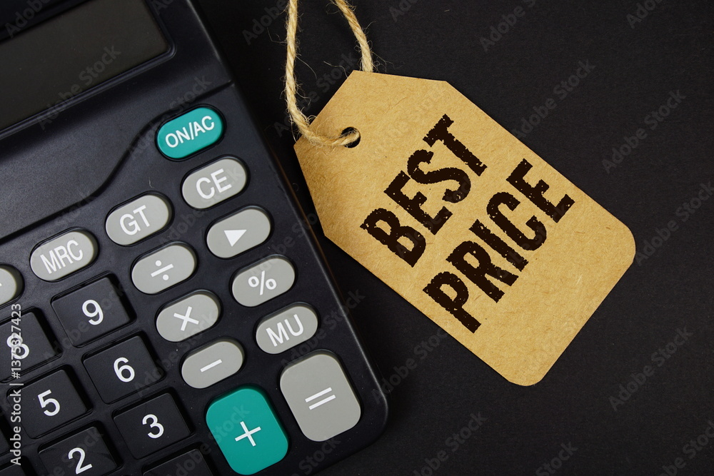 Aufkleber best price text on price tag with alarm clock and calculator on black background