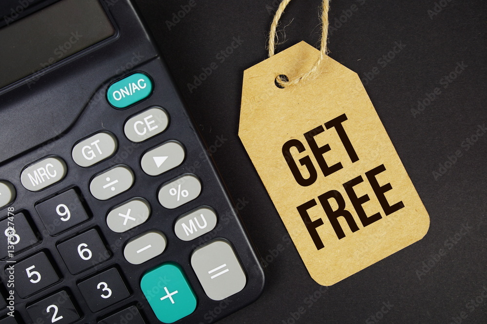 Poster get free text on price tag with calculator on black background